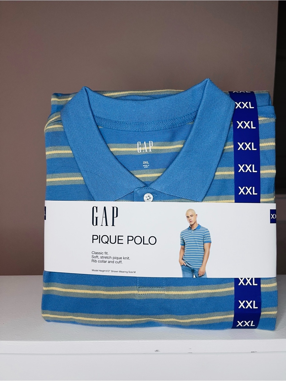 GAP Men's Sky Blue and Yellow Striped Pique Polo XXL